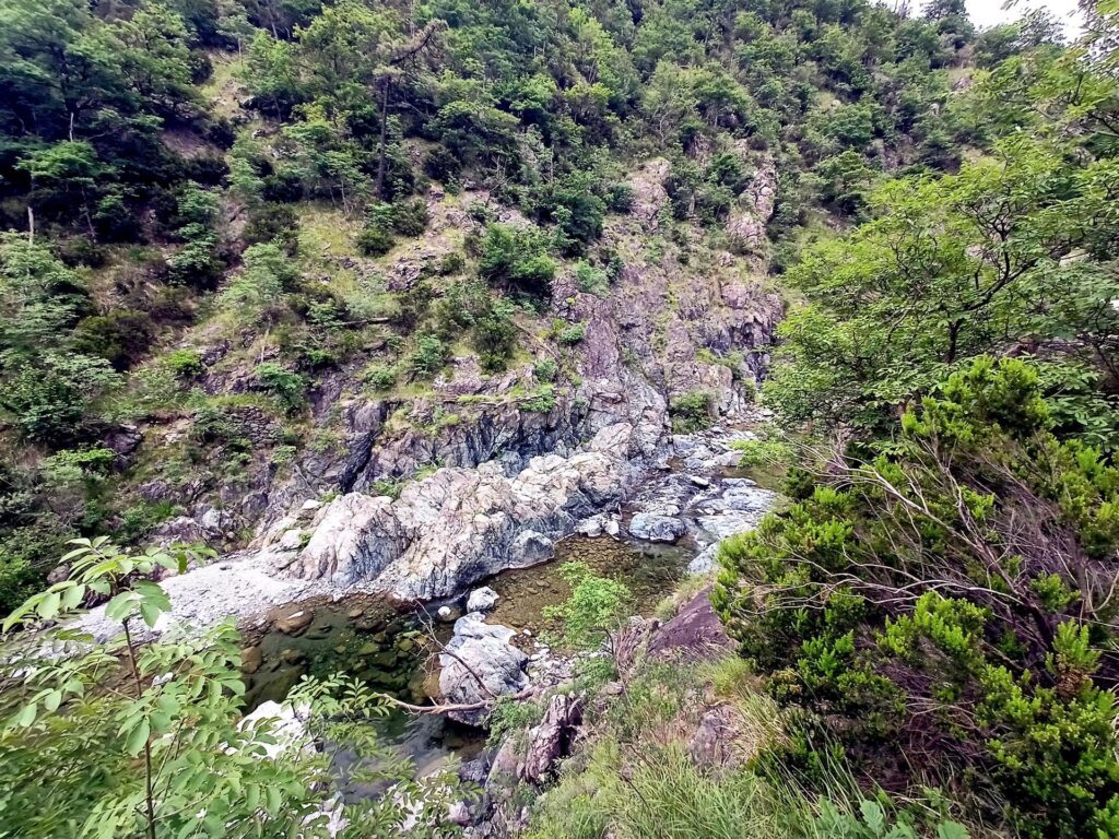 Dopo un primo tratto nel bosco, appare il torrente e le prime rocce di serpentinite