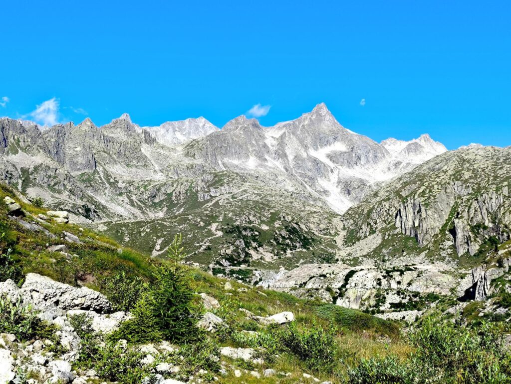 Appena usciti dal parcheggio la Cima Cornisello troneggia sulla valle, con la Presanella visibile sullo sfondo a sinistra