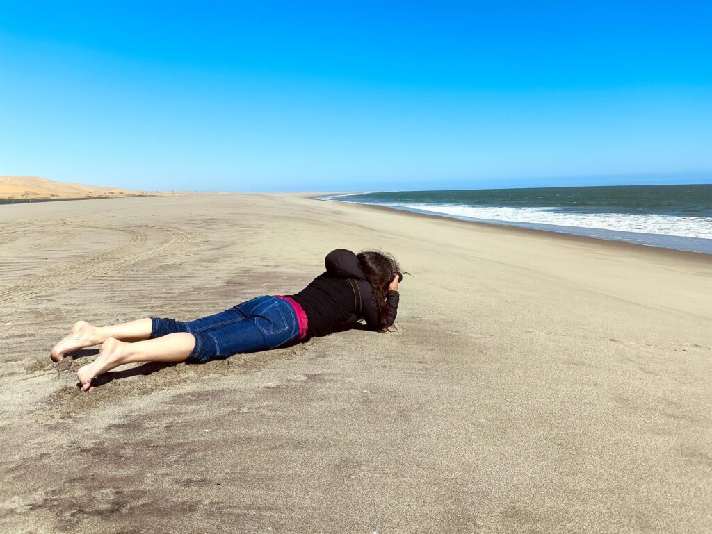 Erica intenta a fotografare l&#039;allodola delle dune