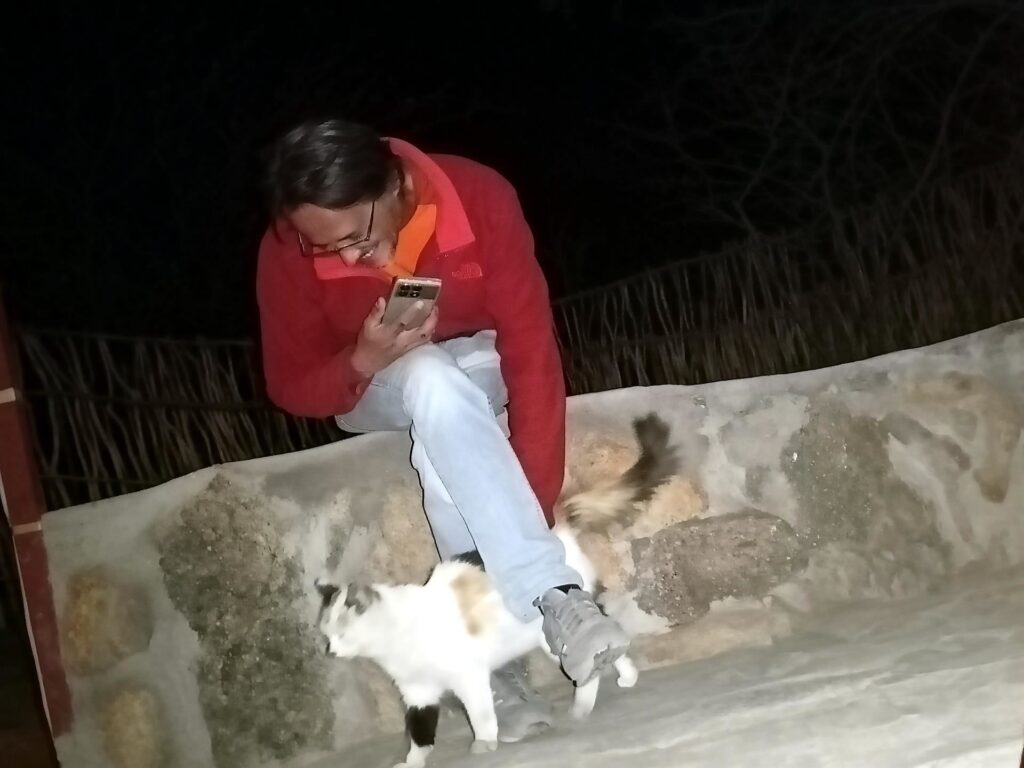 a farci compagnia una micia locale, che ovviamente fa le fusa a Gabri e non lo molla più
