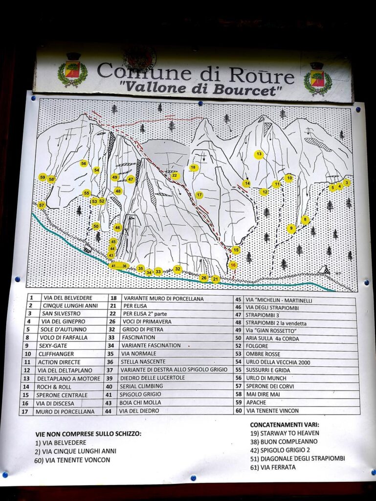 Il cartello con l&#039;elenco quasi completo delle vie presenti nel vallone di Bourcet
