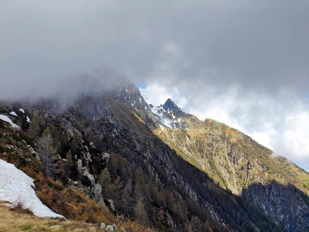 In lontananza si vede bene il Sasso Campedello, mentre Sasso Bianco e Sasso Canale rimangono intrappolati tra le nuvole