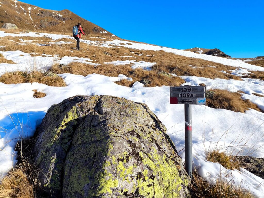 Quasi subito si incontra la prima deviazione a sinistra verso il sentiero 109A che è quello che dovremo seguire nella prima parte Quasi subito si incontra la prima deviazione a sinistra verso il sentiero 109A che è quello che dovremo seguire nella prima parte