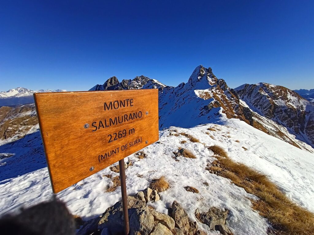 Ecco la nostra prima meta! Cartello di vetta del Salmurano e sullo sfondo il Monte Valletto Ecco la nostra prima meta! Cartello di vetta del Salmurano e sullo sfondo il Monte Valletto