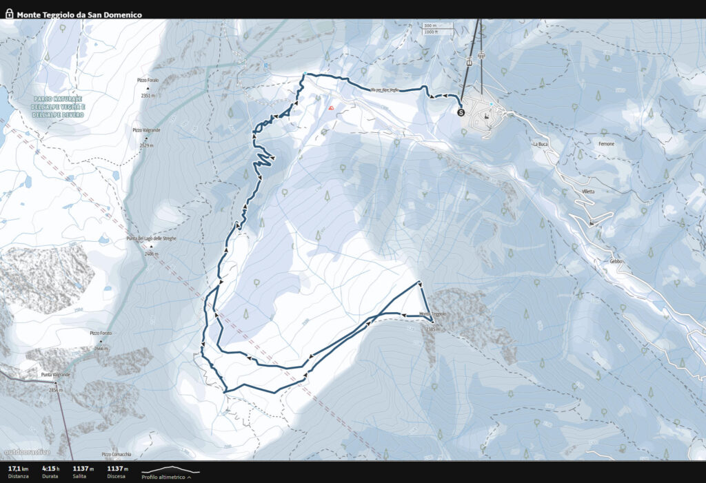 Il nostro percorso, dal parcheggio di San Domenico fino alla cima del Teggiolo e ritorno.