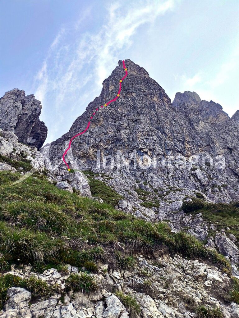 schema della via (spannometrico) su ripresa fatta dal sentiero sottostante