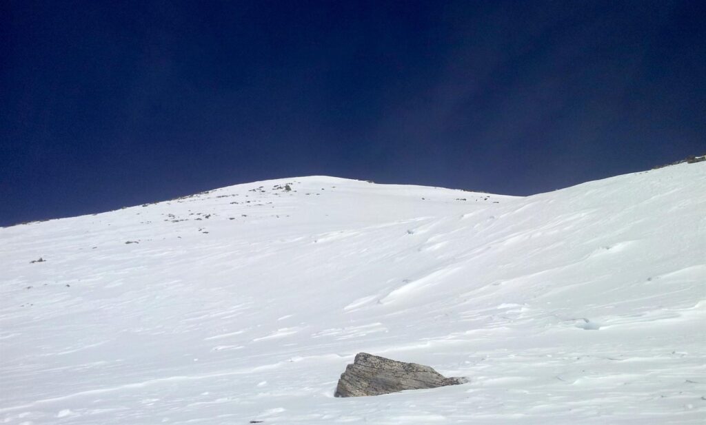 Dopo un'altra lunga e pendente salita, arriviamo in vista della cima. Mancano 100m circa, ma le gambe cominciano a "crampare" sul serio. Ovviamente ci dispiace, ma preferiamo fermarci qui, anche per non compromettere la discesa che sembra meritare molto.