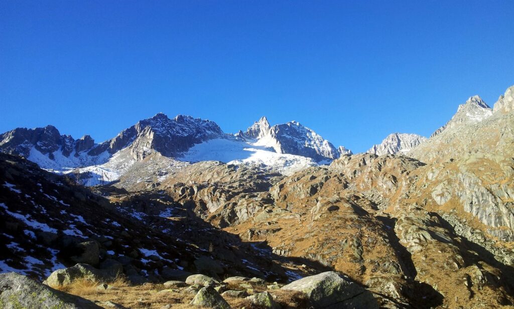 La bella skyline dell'alta val d'Amola, con il Monte Nero bello in vista (la cima a punta) e dietro di lui, la Presanella La bella skyline dell'alta val d'Amola, con il Monte Nero bello in vista (la cima a punta) e dietro di lui, la Presanella