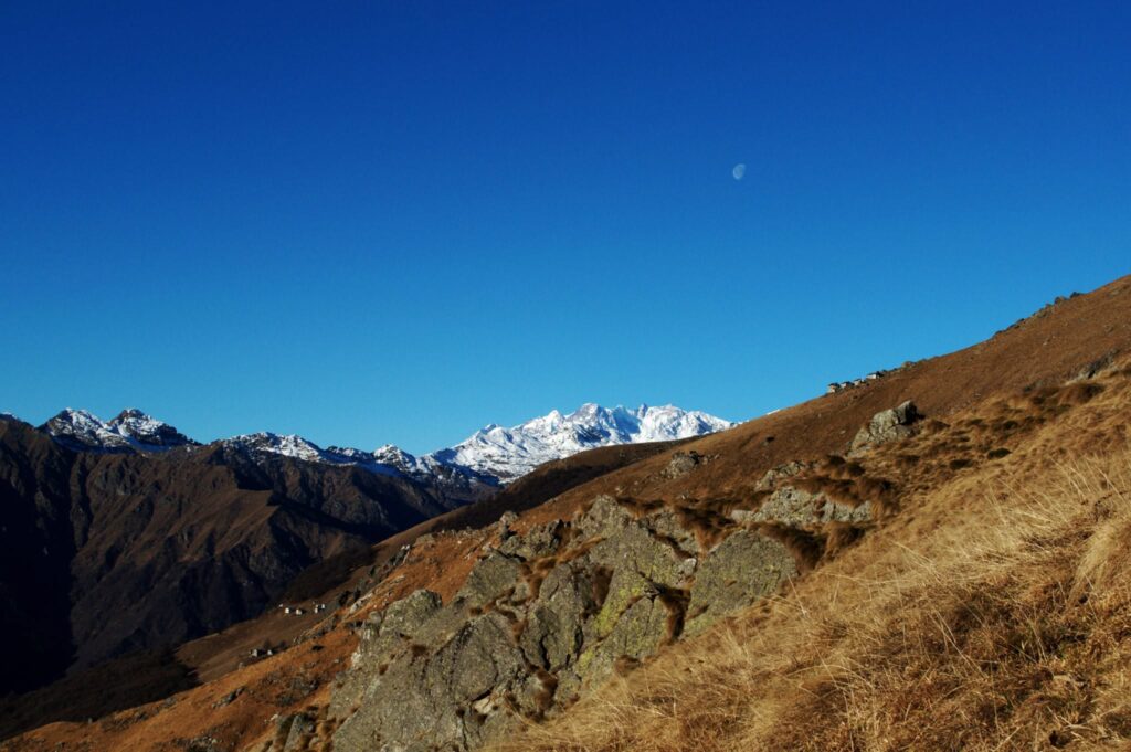 il gruppo del Rosa e la luna ancora ben visibile nello strappo tra l'alpe Colle e l'alpe Campallero: qui &egrave; partito il polmone n&deg;1, e questa foto &egrave; stata una scusa per fermarmi a respirare mentre i due infernali vecchietti alpini continuavano a salire di buon passo