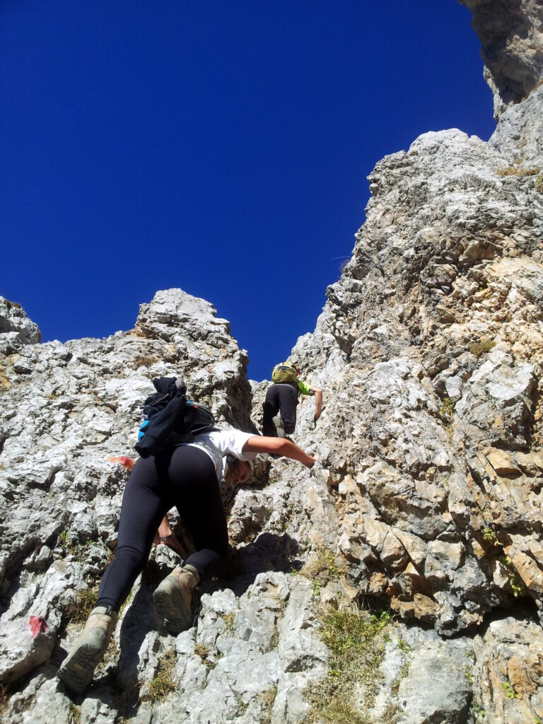 risalgo assieme a questi due ragazzi della zona lungo la via normale della Presolana occidentale. la via &egrave; di roccette, simpatiche, ma mai difficili